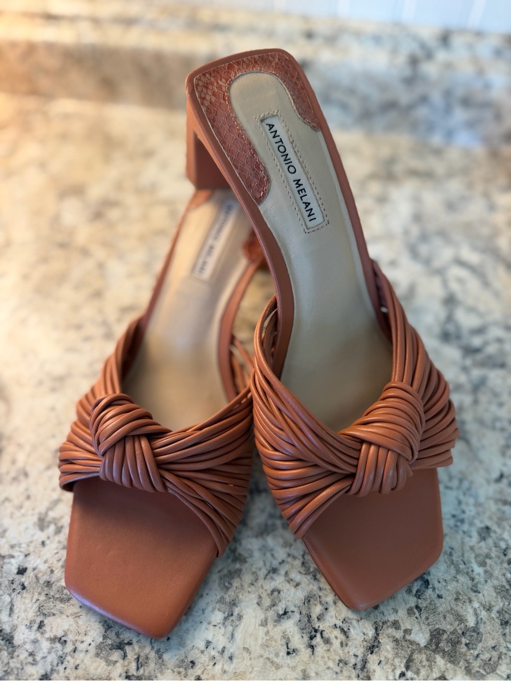 ANTONIO MELANI Knotted Leather Slide Mules in Cognac Classy Block Heel